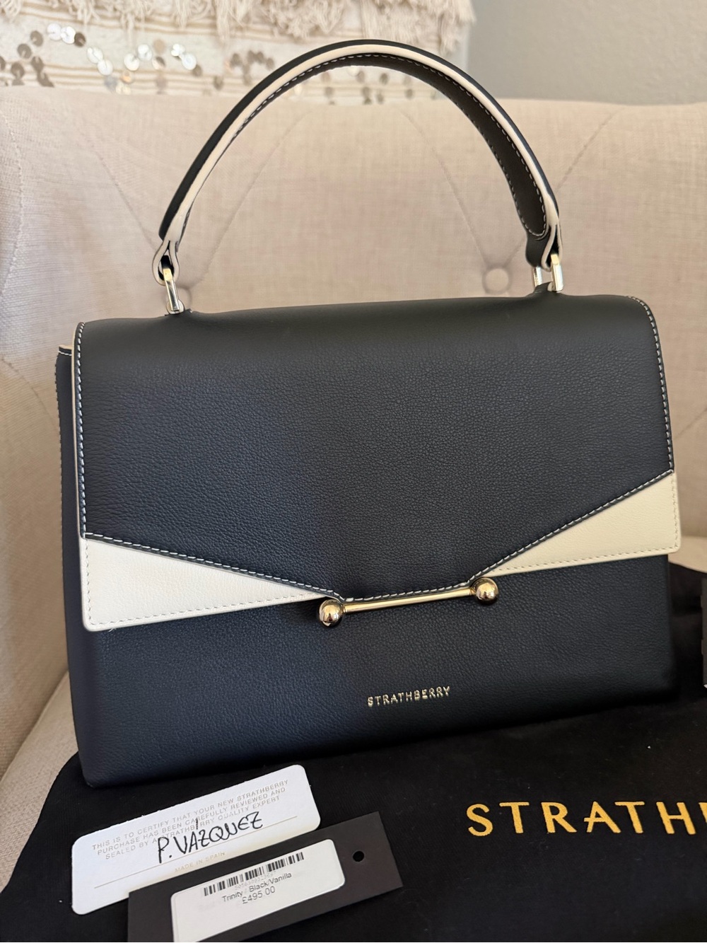 Strathberry Black and White Top Handle Satchel with Gold Hardware - Trinity Bag - Picture 2 of 10